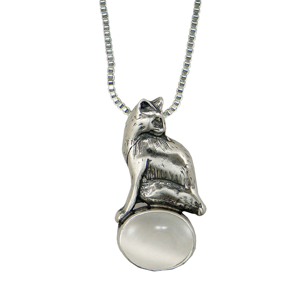 Sterling Silver Cat Looking For Mouse Pendant White Moonstone